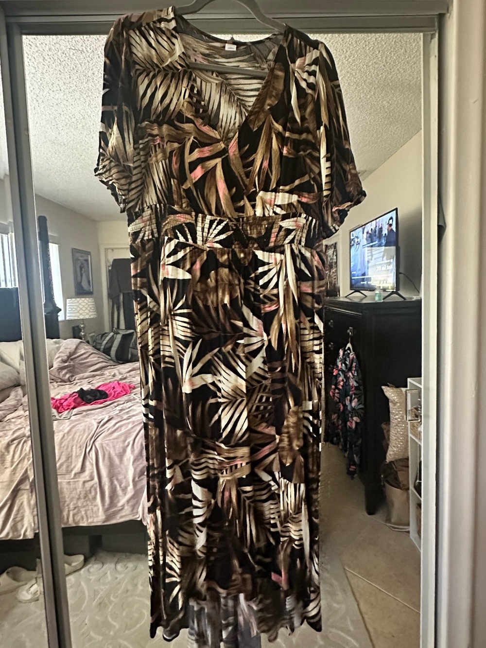 Old Navy Brown Tropical Leaf Print Maxi Dress with Pink Accents